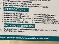 Unused AGT Firewood Log Splitter Processor With Conveyor, Model FP-30T