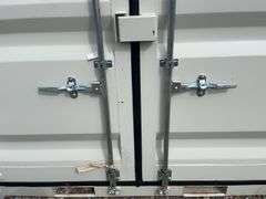 MMS 12’ container, measures 12’ long x 7’-3 1/2” wide x 8’-3” tall, swinging rear doors, Side walk door, sliding window, keyed lock on walk door, wood floor, container # CTTN 0121958, Window Does Not Lock, Small Paint Scrapes