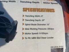 Unused GIYI Mini Skid Steer Trencher, Model GY-X39, Mini Skid steer Universal Plate, 8” Trenching Width, 39” Trenching Depth, 0-120rpm Motor Speed, Weight 455lbs