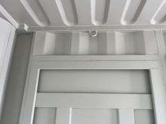 MMS 12’ container, measures 12’ long x 7’-3 1/2” wide x 8’-3” tall, swinging rear doors, Side walk door, sliding window, keyed lock on walk door, wood floor, container # CTTN 0121958, Window Does Not Lock, Small Paint Scrapes