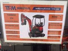 Unused TPM-20K Diesel Mini Excavator, Yanmar 374 Diesel Engine, 11.2KW Kubota Diesel Engine, 3100lb Operating Weight, Pilot Controls, Power Shut Off, Hydraulic Arm, Light On Arm, 16” Bucket With 3 Teeth, 43” Push Blade, 7” Rubber Tracks, Rear Door For Engine Maintenance, 4 Post Canopy, Arm Rests, Counter Weight, Hour Meter