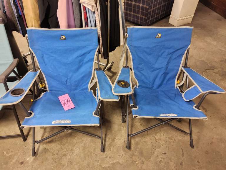 2 fold up kick back Rocker chairs - Lindsay Auctions LLC