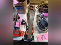 Group: 2 hand saws, 2 hack saws, 2 framing squares, 2 levels