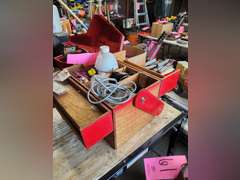 Radio controlled accessories, deluxe pwr panel, elec fuel pump, plane propellers, half gallon of fuel & other misc in wood case