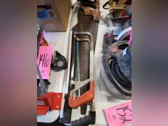 Group: 2 hand saws, 2 hack saws, 2 framing squares, 2 levels