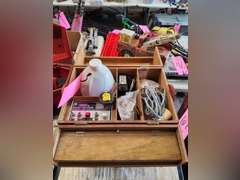 Radio controlled accessories, deluxe pwr panel, elec fuel pump, plane propellers, half gallon of fuel & other misc in wood case