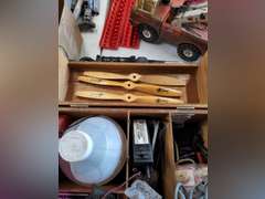 Radio controlled accessories, deluxe pwr panel, elec fuel pump, plane propellers, half gallon of fuel & other misc in wood case