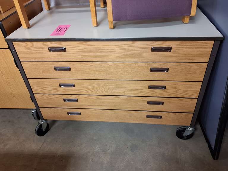 Wood cabinet on wheels SEE PICS - Lindsay Auctions LLC
