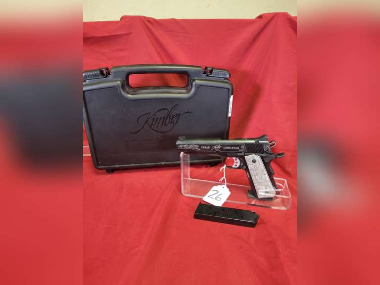 Kimber Mod: 1911 Stainless II, 45 ACP pistol, Ser#: TXLSB0327, 5" brl, engraved slide & grips (Texas Lonestar), box, book, 98% (believe to be new)