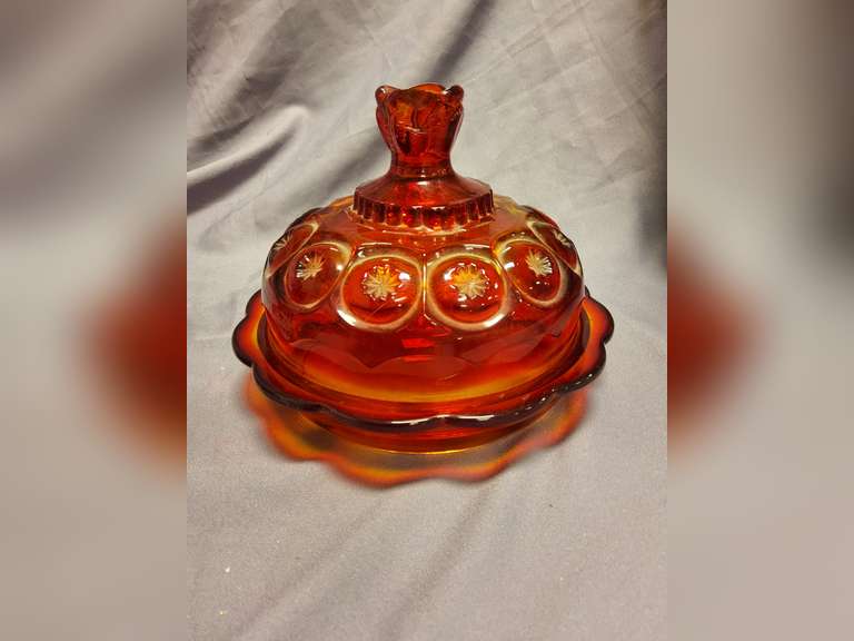 Vintage L.E. Smith Moon & Stars Amberina Red covered cheese dish & covered butter dish