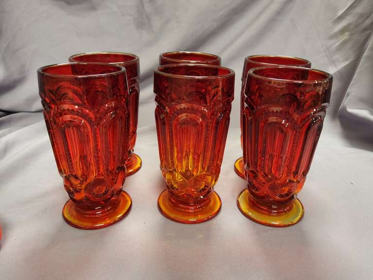 6 Vintage L.E. Smith Moon & Stars Amberina Red large ice tea glasses