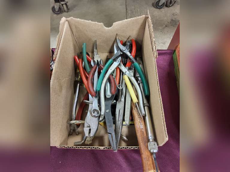 Flat of various pliers, & other hand tools SEE PICS - Lindsay Auctions LLC