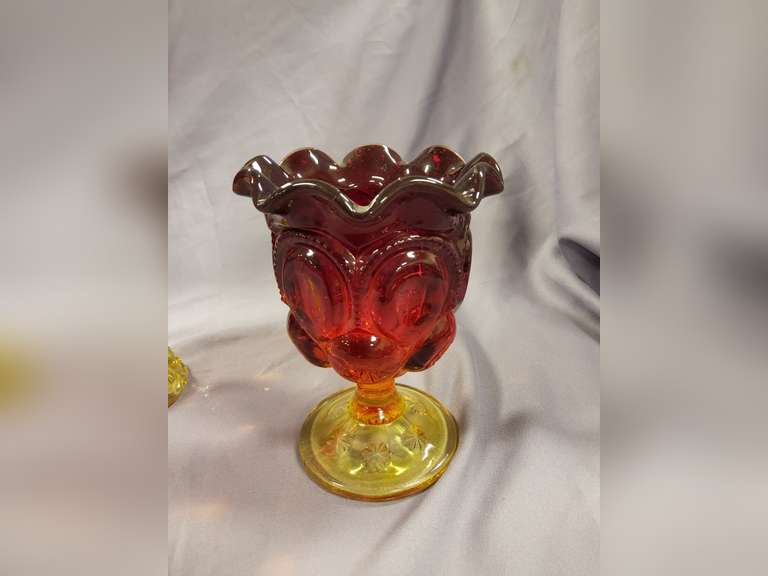 Vintage L.E. Smith Moon & Stars Amberina Red swung vase & compote