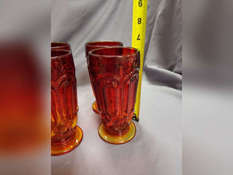 6 Vintage L.E. Smith Moon & Stars Amberina Red large ice tea glasses
