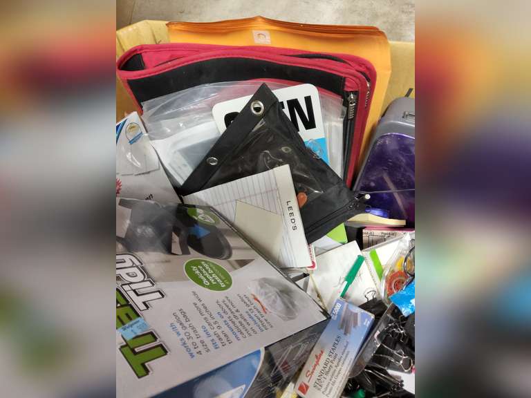 Large box of various office items/supplies: hole punches, note pads, sticky notes, pens, paper clips, & more