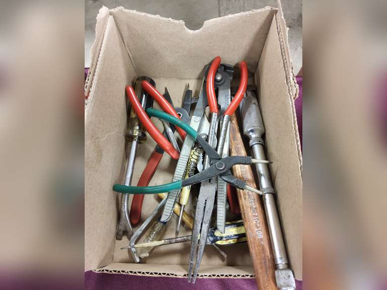 Flat of various pliers, & other hand tools SEE PICS - Lindsay Auctions LLC