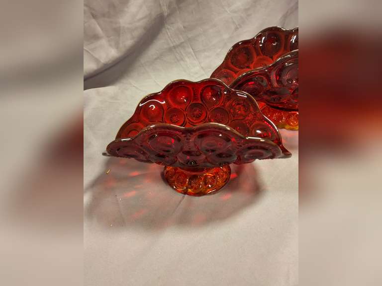 2 Vintage L.E. Smith Moon & Stars Amberina Red compote dishes
