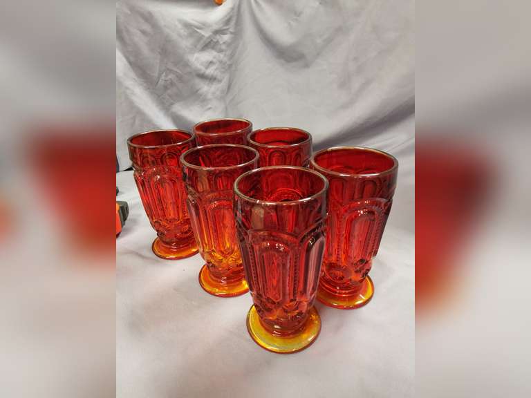 6 Vintage L.E. Smith Moon & Stars Amberina Red large ice tea glasses