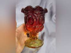 Vintage L.E. Smith Moon & Stars Amberina Red swung vase & compote