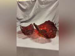 2 Vintage L.E. Smith Moon & Stars Amberina Red compote dishes