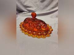 Vintage L.E. Smith Moon & Stars Amberina Red covered cheese dish & covered butter dish