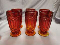 6 Vintage L.E. Smith Moon & Stars Amberina Red large ice tea glasses