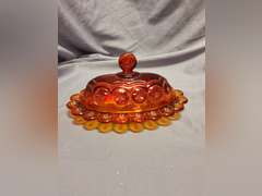 Vintage L.E. Smith Moon & Stars Amberina Red covered cheese dish & covered butter dish