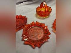4 pcs Vintage L.E. Smith Moon & Stars Amberina Red: 3 ashtrays & 1 basket