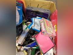Large box of various office items/supplies: hole punches, note pads, sticky notes, pens, paper clips, & more