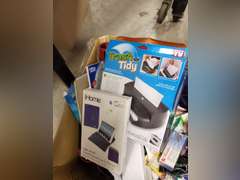 Large box of various office items/supplies: hole punches, note pads, sticky notes, pens, paper clips, & more