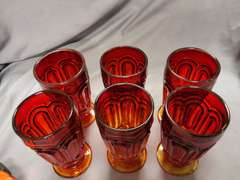 6 Vintage L.E. Smith Moon & Stars Amberina Red large ice tea glasses