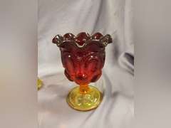 Vintage L.E. Smith Moon & Stars Amberina Red swung vase & compote