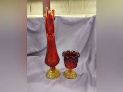 Vintage L.E. Smith Moon & Stars Amberina Red swung vase & compote