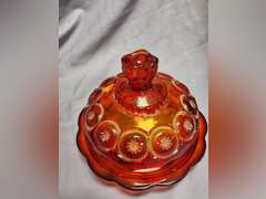 Vintage L.E. Smith Moon & Stars Amberina Red covered cheese dish & covered butter dish