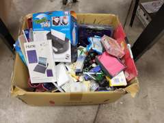 Large box of various office items/supplies: hole punches, note pads, sticky notes, pens, paper clips, & more