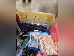 Large box of various office items/supplies: hole punches, note pads, sticky notes, pens, paper clips, & more