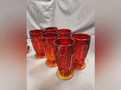 6 Vintage L.E. Smith Moon & Stars Amberina Red large ice tea glasses