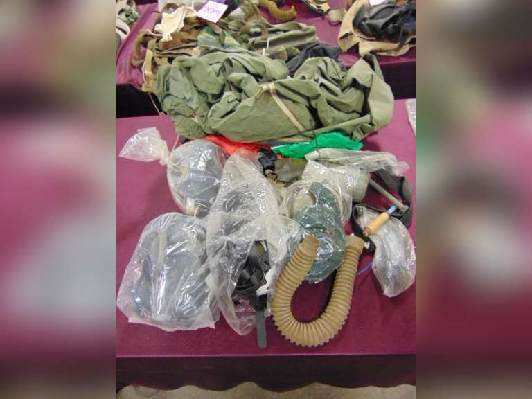 Group misc: gas masks, protective suit & other items SEE PICS