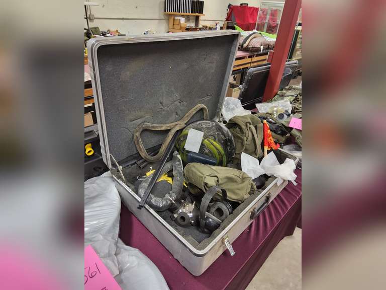 Case with misc: gas masks, hoses, ear protection & other SEE PICS