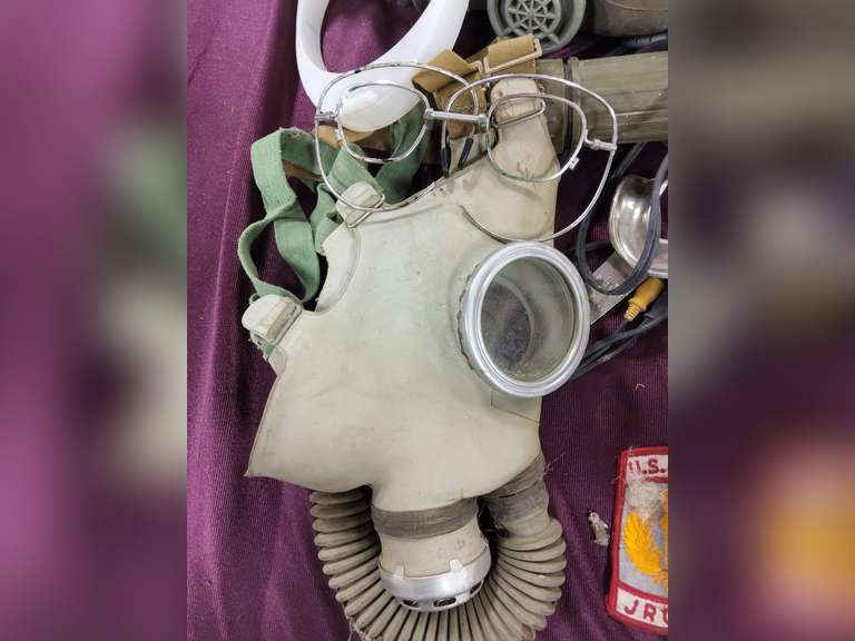 Group: gas masks, filters, US Army patch, NIP Baby Scape Hood, Case of Optical Inserts for M17 CB masks, & other
