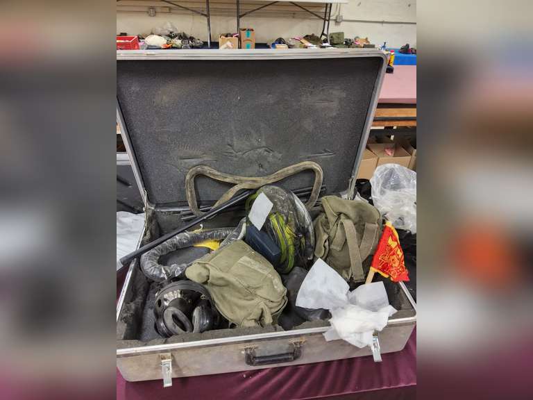 Case with misc: gas masks, hoses, ear protection & other SEE PICS