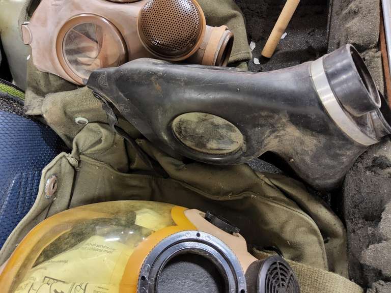 Case with misc: gas masks, hoses, ear protection & other SEE PICS