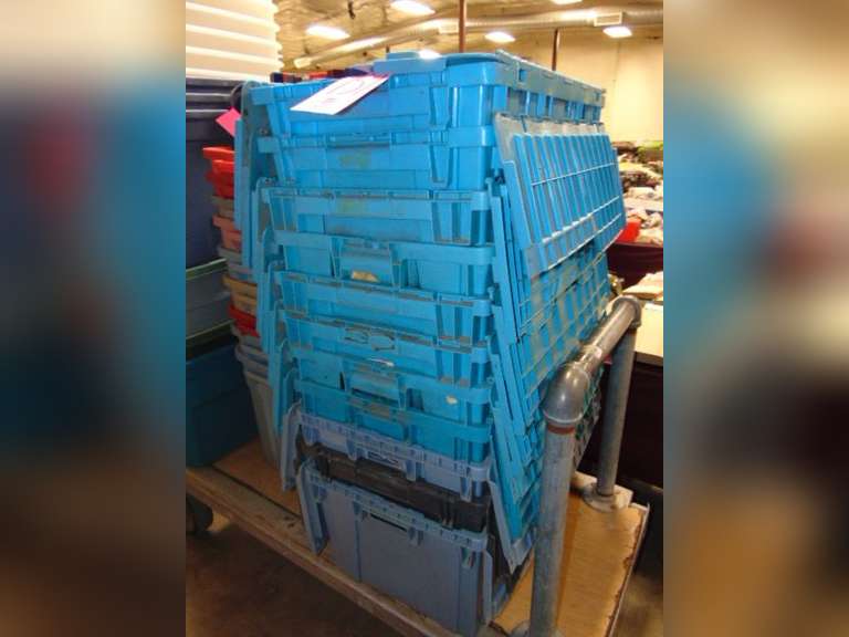 11 totes with interlocking lids (some have broken lids)