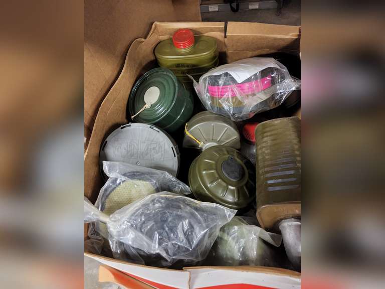 Box of various filters for gas masks SEE PICS