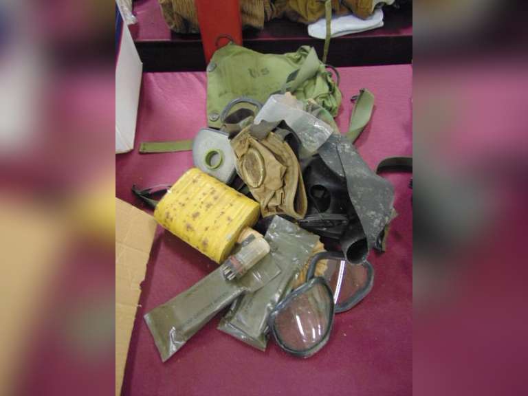 Antique gas mask, parts, bag & others SEE PICS