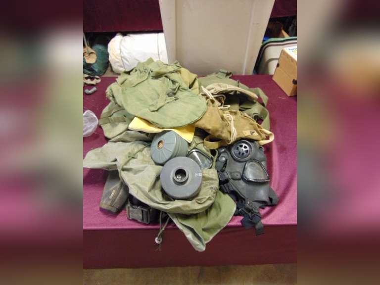 Group of various gas masks, bags & other items SEE PICS