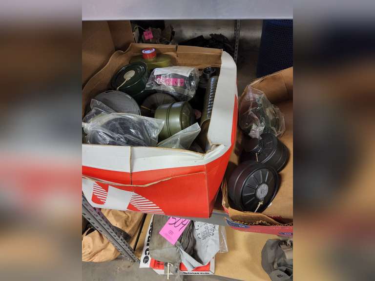 Box of various filters for gas masks SEE PICS