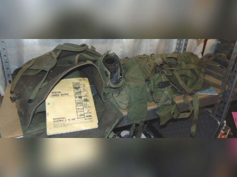 US Army general fabric repair kit (may not be complete), gas mask with bag, utility belt? & other items SEE PICS