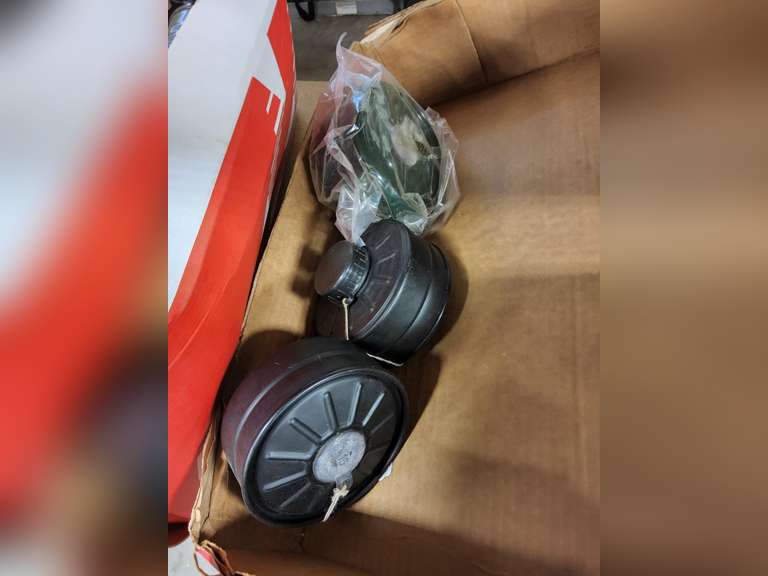 Box of various filters for gas masks SEE PICS