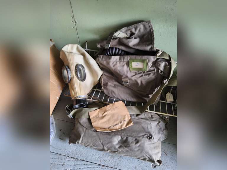 Soviet era gas mask MK-221 with bag, other, and a suit in bag